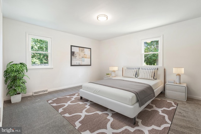 bedroom featuring multiple windows and dark colored carpet