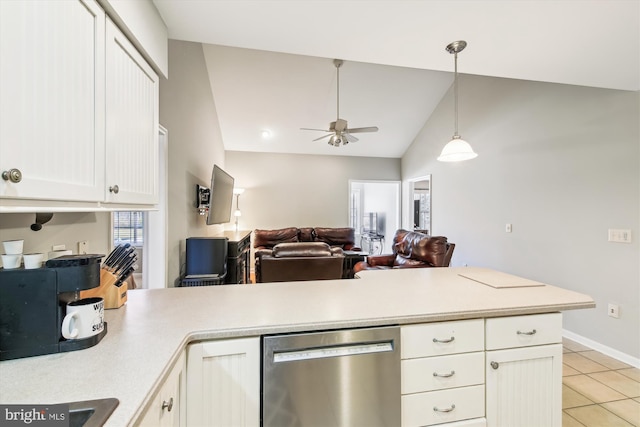 kitchen with light tile patterned flooring, white cabinetry, stainless steel dishwasher, pendant lighting, and ceiling fan