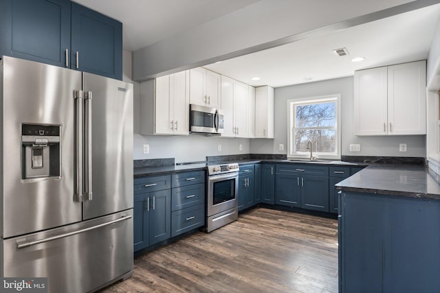 kitchen with white cabinetry, blue cabinetry, and stainless steel appliances