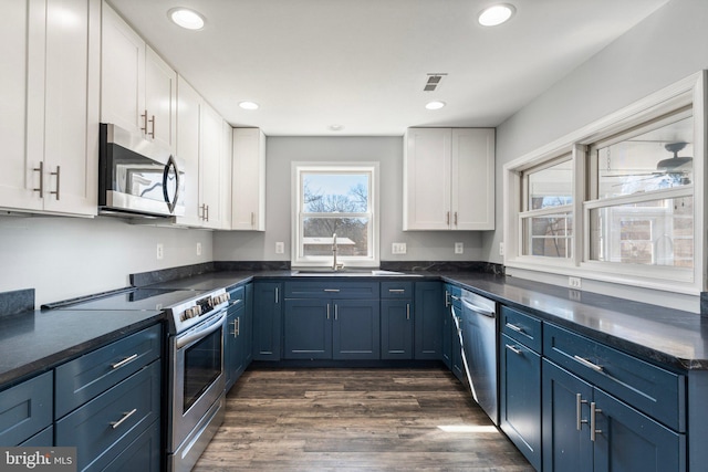 kitchen featuring white cabinets, blue cabinets, stainless steel appliances, and sink