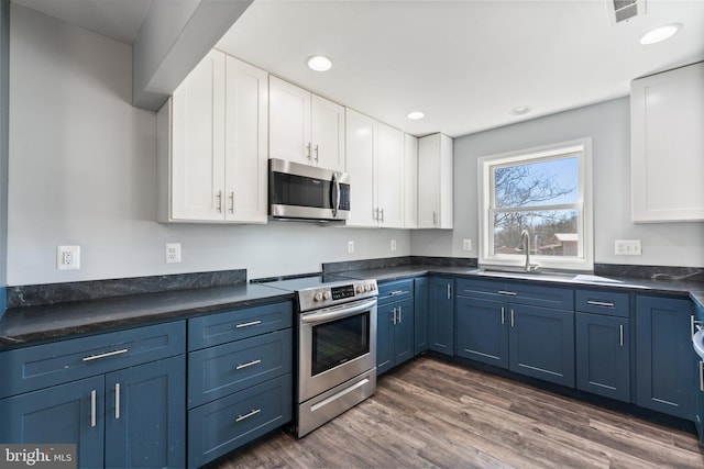 kitchen featuring appliances with stainless steel finishes, sink, white cabinetry, blue cabinets, and dark hardwood / wood-style flooring