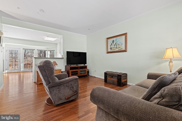 living room with crown molding and wood-type flooring