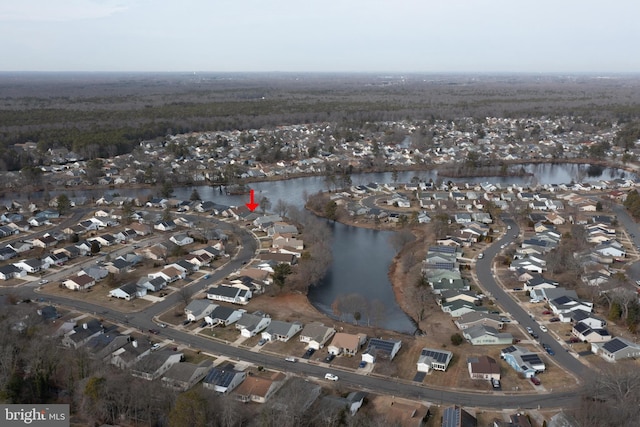 drone / aerial view featuring a water view