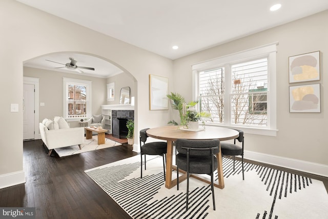 dining area featuring ceiling fan, a healthy amount of sunlight, and wood-type flooring