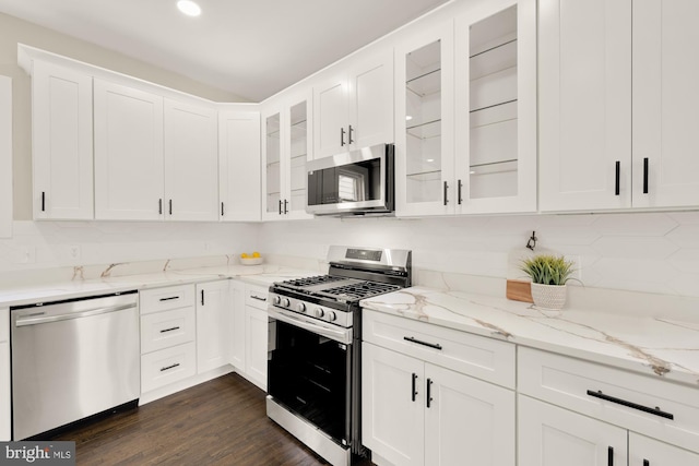 kitchen with white cabinetry, appliances with stainless steel finishes, dark hardwood / wood-style floors, and light stone countertops