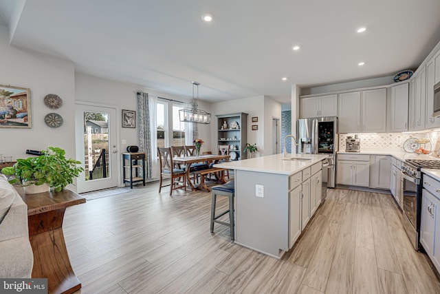 kitchen featuring sink, hanging light fixtures, a center island with sink, stainless steel appliances, and decorative backsplash