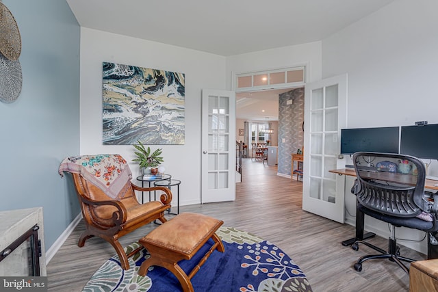 office with light hardwood / wood-style flooring and french doors