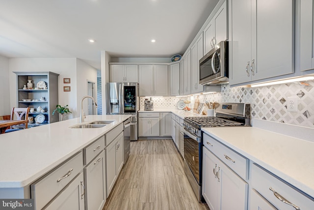 kitchen with sink, light wood-type flooring, appliances with stainless steel finishes, an island with sink, and backsplash