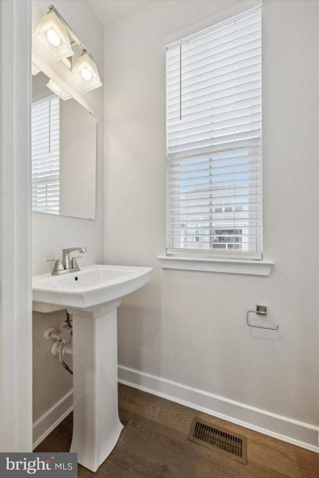 bathroom with wood-type flooring and a healthy amount of sunlight