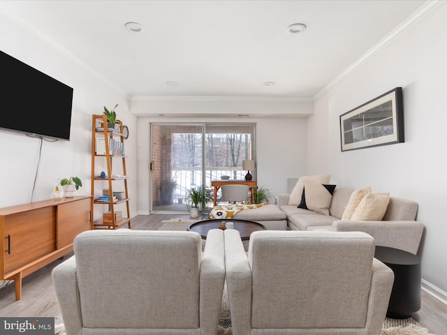 living room with ornamental molding and wood-type flooring