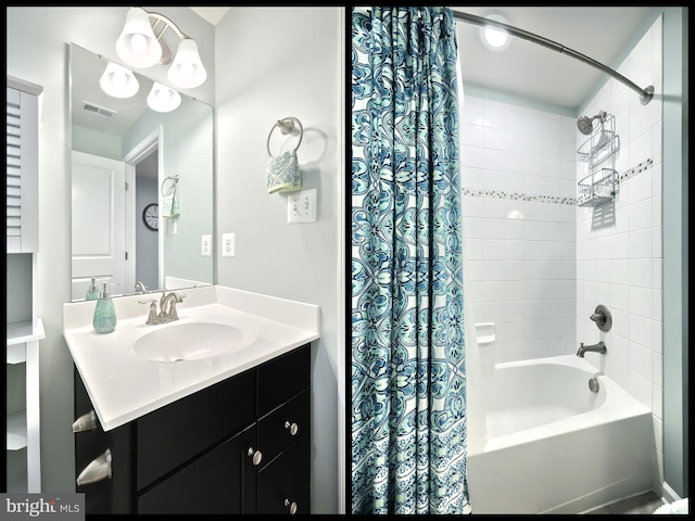 bathroom with vanity and shower / tub combo with curtain