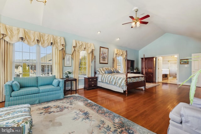 bedroom with hardwood / wood-style floors, high vaulted ceiling, and ceiling fan