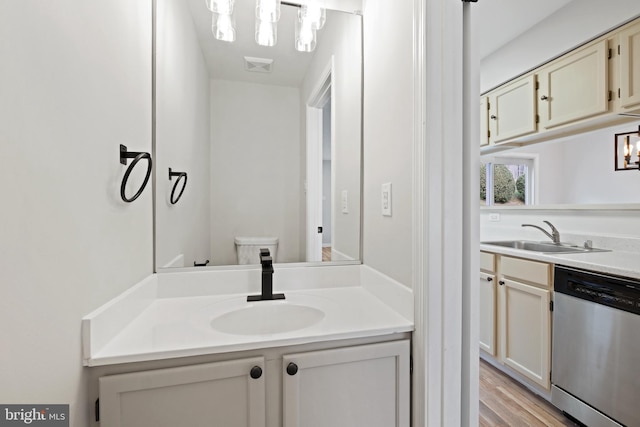 bathroom with vanity and hardwood / wood-style floors