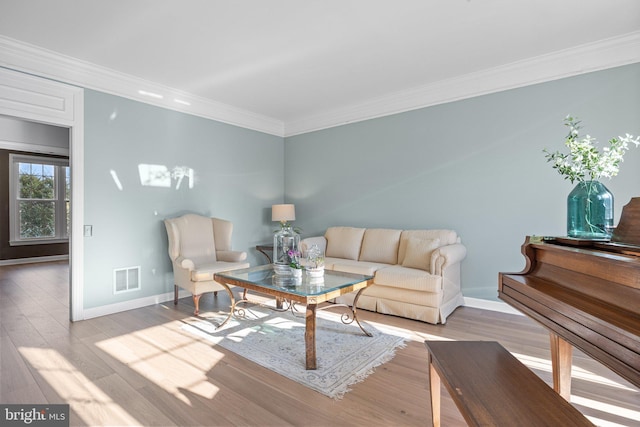 living room featuring hardwood / wood-style floors and crown molding