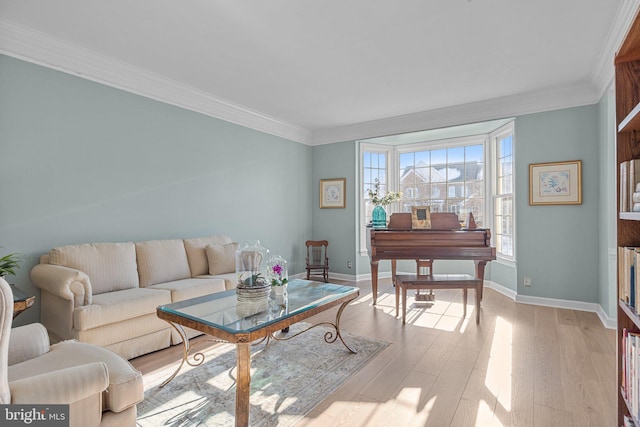 living room featuring crown molding and light hardwood / wood-style floors