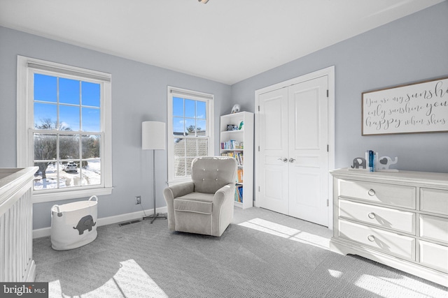 living area featuring light colored carpet