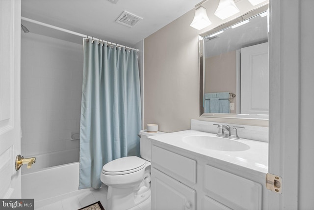 full bathroom with vanity, toilet, tile patterned flooring, and shower / bath combo with shower curtain