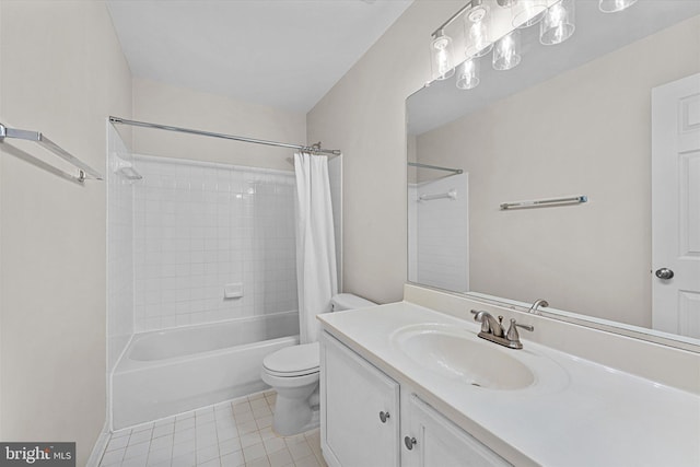 full bathroom with tile patterned floors, toilet, shower / tub combo, and vanity