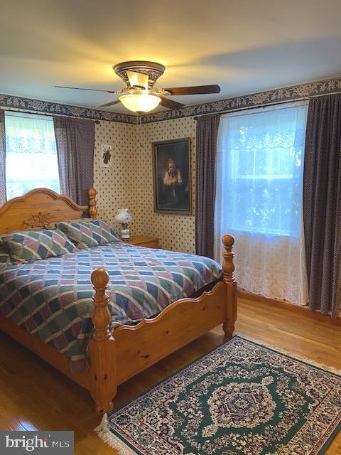 bedroom with hardwood / wood-style floors and ceiling fan