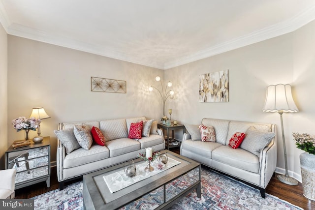 living room featuring crown molding and hardwood / wood-style flooring