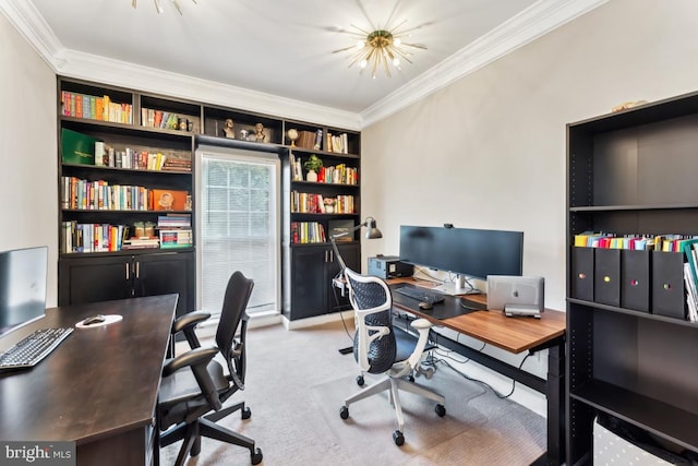 office space featuring crown molding, light colored carpet, built in shelves, and an inviting chandelier