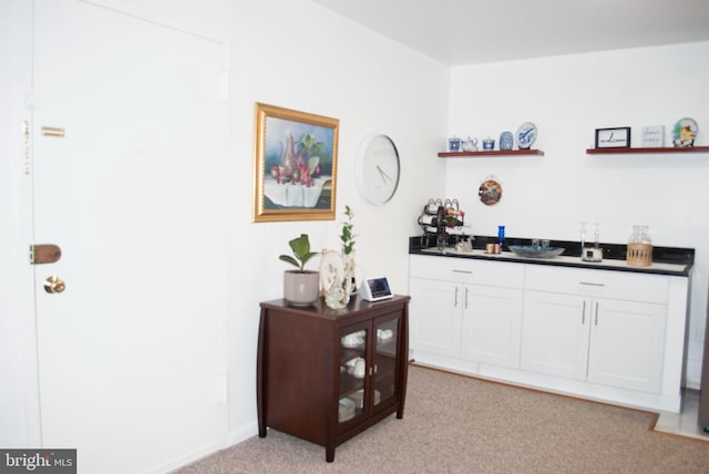 bar featuring white cabinetry and light colored carpet