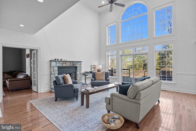 living room with wood-type flooring, a fireplace, and plenty of natural light