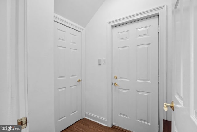 doorway with lofted ceiling and dark hardwood / wood-style floors