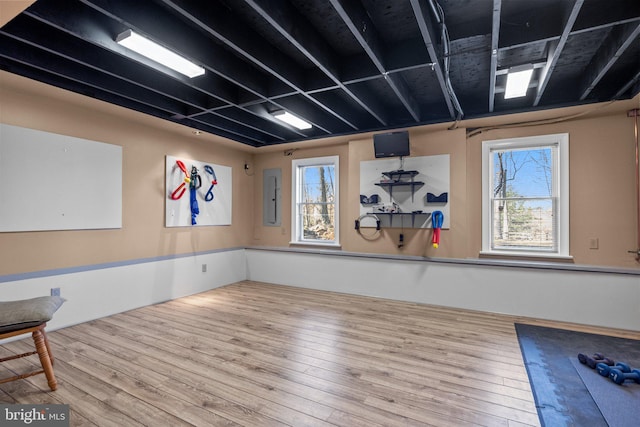 workout area featuring wood-type flooring, electric panel, and a healthy amount of sunlight