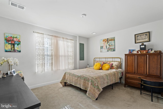 bedroom with light colored carpet