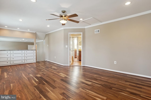 interior space featuring crown molding, dark hardwood / wood-style floors, and ceiling fan