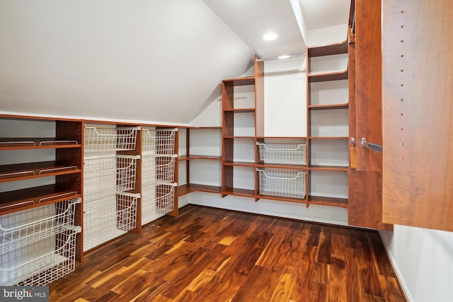 walk in closet with dark hardwood / wood-style floors and vaulted ceiling