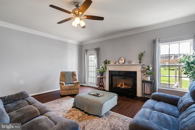 living room featuring crown molding, ceiling fan, wood finished floors, and a healthy amount of sunlight