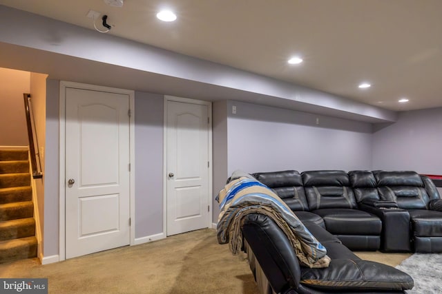 home theater featuring recessed lighting, baseboards, and light carpet