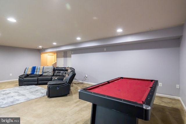 playroom featuring recessed lighting, baseboards, billiards, and carpet