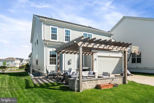 back of house with a yard, a pergola, driveway, and a patio
