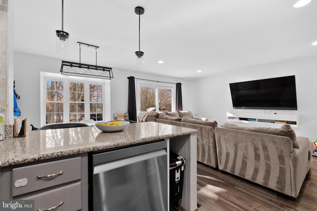 kitchen with dark hardwood / wood-style flooring, stainless steel dishwasher, light stone counters, and decorative light fixtures