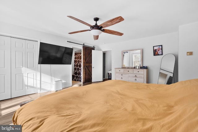 bedroom with a barn door, ceiling fan, and a closet