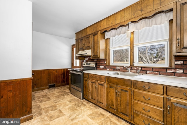 kitchen featuring sink, stainless steel electric stove, and wooden walls