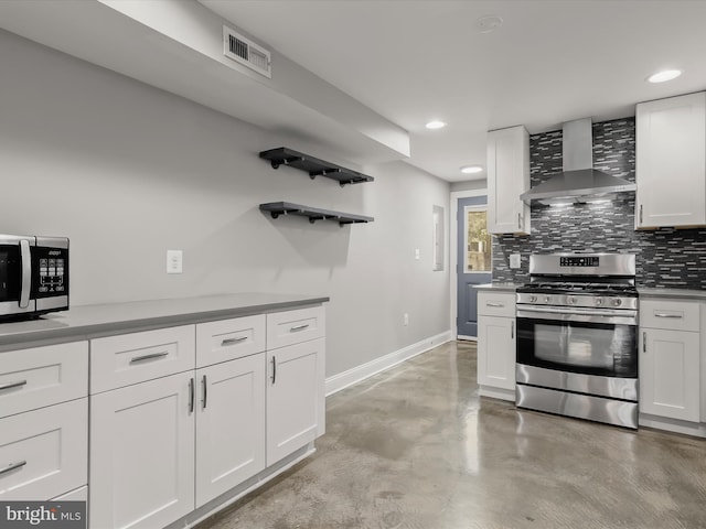 2437 Fleet St, Baltimore, MD 21224 - kitchen with stainless steel appliances, wall chimney exhaust hood, baseboards, concrete flooring, and tasteful backsplash