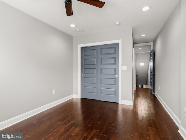 2437 Fleet St, Baltimore, MD 21224 - unfurnished bedroom with dark wood-style flooring, recessed lighting, baseboards, and a ceiling fan