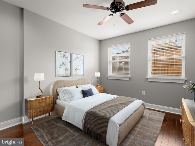 2437 Fleet St, Baltimore, MD 21224 - bedroom with dark wood finished floors, baseboards, recessed lighting, and a ceiling fan