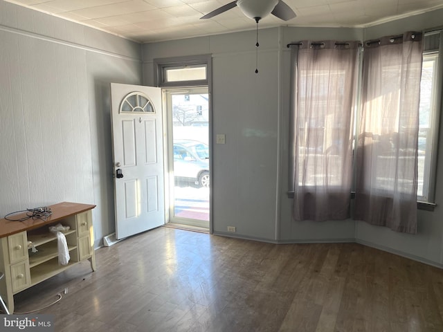 entrance foyer featuring dark hardwood / wood-style floors and ceiling fan