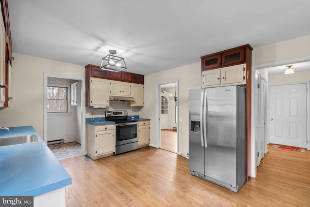 kitchen featuring baseboard heating, appliances with stainless steel finishes, light wood-style floors, a sink, and under cabinet range hood