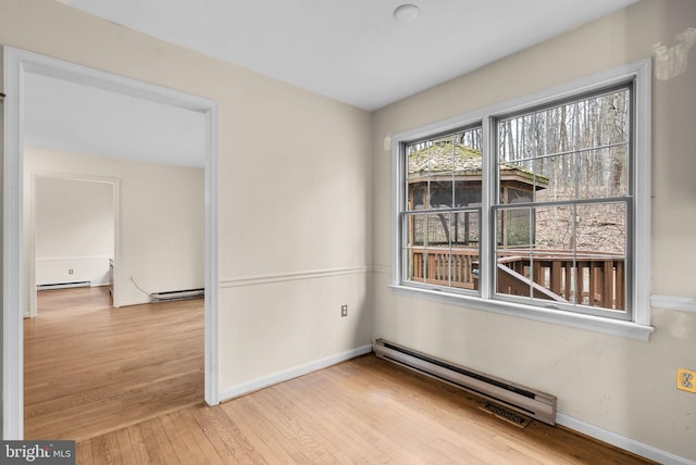 empty room with light wood finished floors, baseboards, and a baseboard heating unit