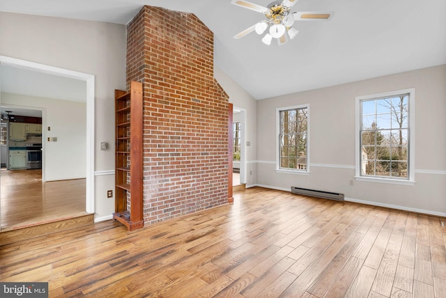 unfurnished living room with high vaulted ceiling, a baseboard radiator, wood finished floors, a ceiling fan, and baseboards