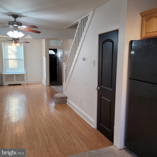 interior space with ceiling fan, black refrigerator, radiator heating unit, light brown cabinets, and light wood-type flooring