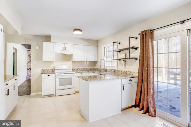 kitchen featuring sink, white range with electric cooktop, white cabinetry, light stone counters, and kitchen peninsula