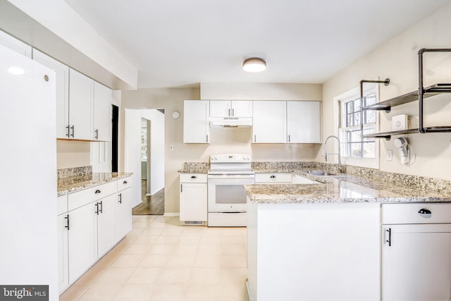 kitchen featuring sink, light stone counters, white cabinets, and white appliances