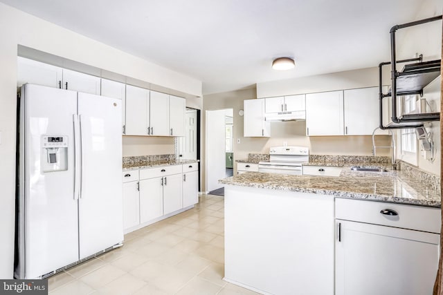 kitchen featuring white cabinetry, sink, and white appliances